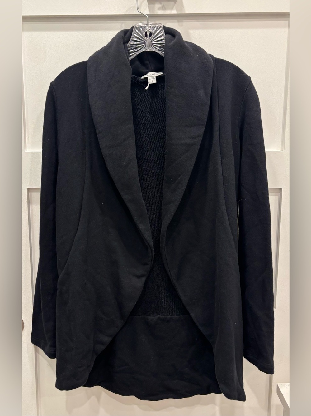 James Perse Cotton French Terry Black Draped Open Front Shawl Collar Cardigan